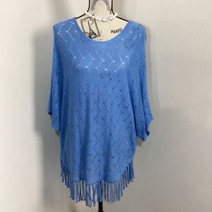 NY Collection Women’s Blue Bohemian Open Knit Short Sleeves Sweater Top Fringes